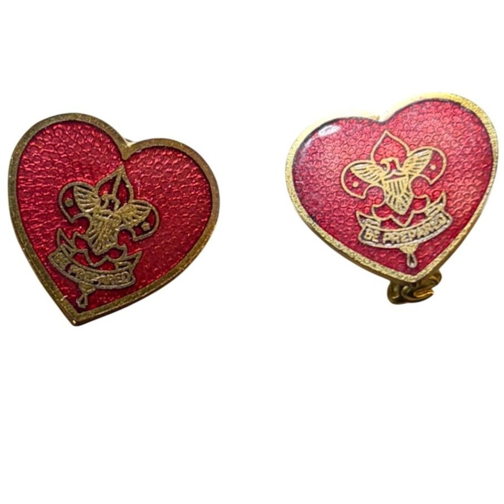 Vintage Boy Scouts of America BSA Heart Enamel Pin Set Be Prepared Red Gold Tone